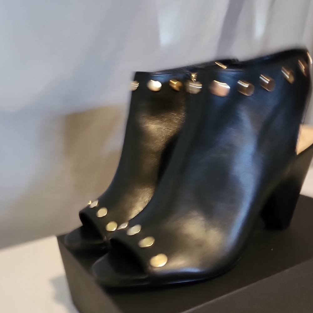 Vince Camuto Black and Gold Heeled Boots with Studded Detailing - Picture 4 of 8